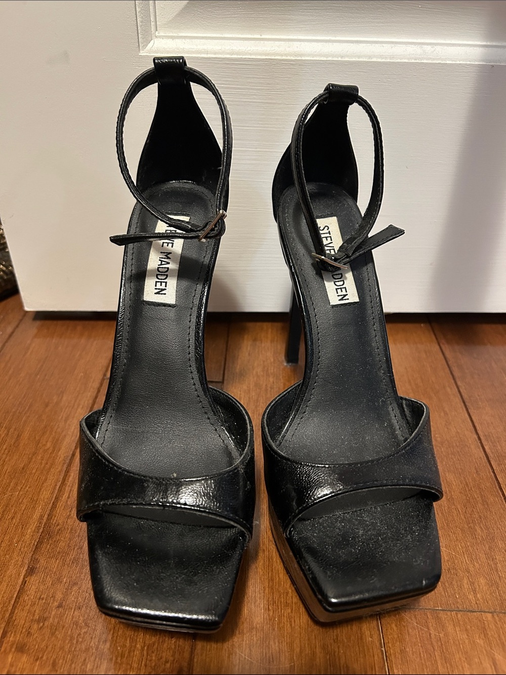 Steve Madden Black Strappy Square-Toe Stiletto Heels